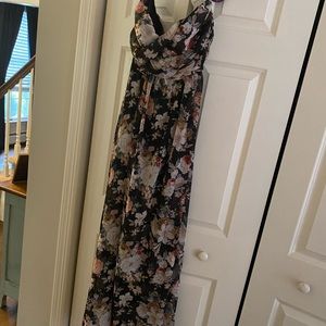 Long black strapless flowered dress